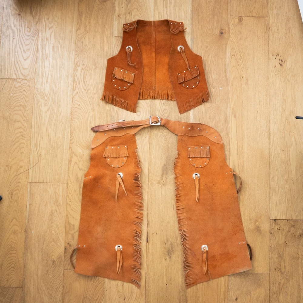 Vintage Sears Children's Leather Cowboy Chaps and Vest Set Size Large 5-6